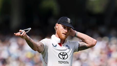 England's captain Ben Stokes gestures during the fifth day of the third cricket test match between England and India at Lord's cricket ground in London, Monday, July 14, 2025.
