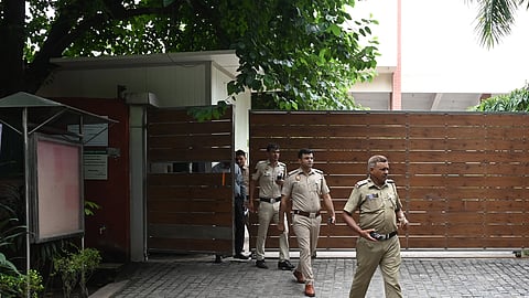 Police persanal leave after investigation at sardar patel school in Lodi estate, School that received a bomb threat through email on Wednesday, at Dwarka in New Delhi, Wednesday, July 16, 2025