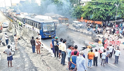 Cong and Left party workers staging protest at Madhupatna 