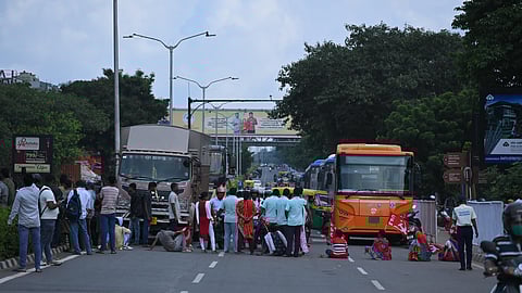 Roads are blocked owing to Odisha Bandh called by opposition parties over Balasore self-immolation death case, in Bhubaneswar on Thursday
