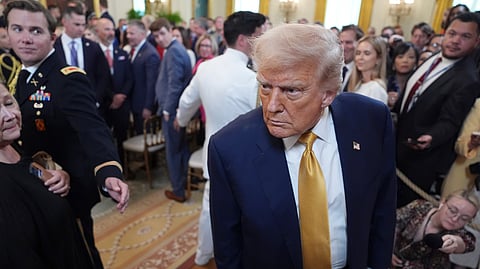 US President Donald Trump pauses during a ceremony in the East Room of the White House, Wednesday, July 16, 2025, in Washington.