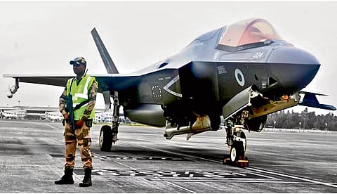 A British F-35B fighter jet, which has been stranded since June 14, 2025, is seen at Thiruvananthapuram International Airport on June 26, 2025.