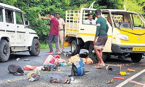 The mini-truck carrying 22 people of Malasar community overturned on the Valparai Ghat Road near Aliyar Dam in Pollachi on Thursday 