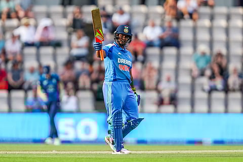 Deepti Sharma plays a shot during the first ODI between India and England in Southampton.