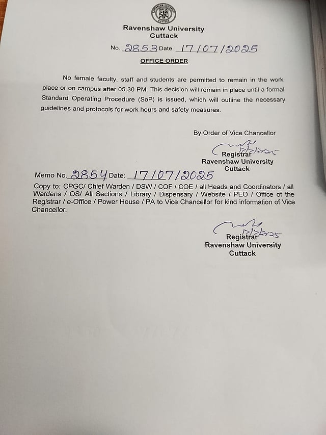 Rawenshaw University order restricting the presence of girl students, faculty and non-teaching employees after 5.30 pm on campus.
