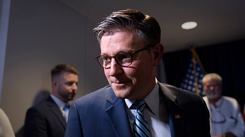 Speaker of the US House of Representatives Mike Johnson, R-La., departs a news conference at the Republican National Committee headquarters in Washington, Tuesday, July 15, 2025.