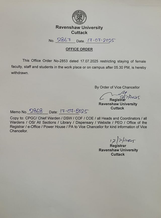 Rawenshaw University order, informing  its earlier order over the matter being revoked.