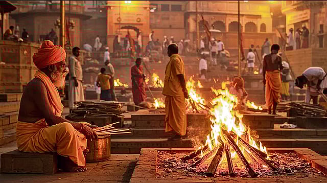 Tourists gather not to mourn but to witness ritual: fire-lit funeral pyres along the Ganges
