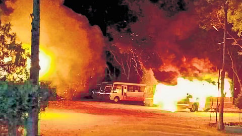 Two vehicles were gutted in the attack, which is suspected to be linked to the student’s death 