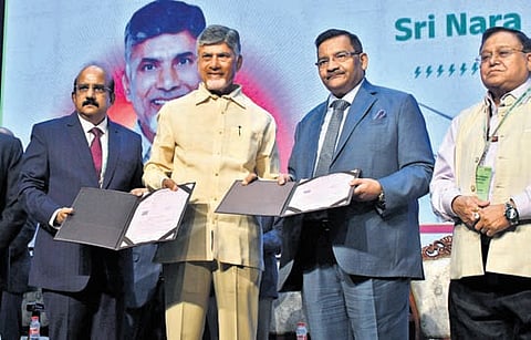CM Nara Chandrababu Naidu during the Green Hydrogen Summit at SRM University on Friday. NITI Aayog Member Dr VK Saraswat is also seen 
