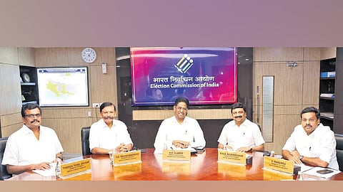 MPs NR Elango, TM Selvaganapathy, Thanga Tamil Selvan, KRN Rajeshkumar, and S Murasoli during a meeting with ECI officials in New Delhi