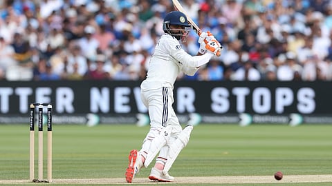 India's Ravindra Jadeja plays a shot during the fifth day of the third cricket test match between England and India at Lord's cricket ground in London, Monday, July 14, 2025. 