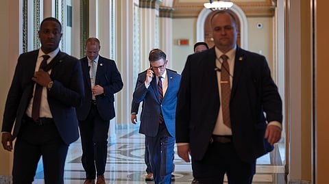 Speaker of the US House of Representatives, Mike Johnson, R-La., leaves the chamber at the Capitol in Washington, Thursday, July 17, 2025