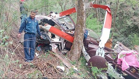 Rescue and relief work after a helicopter carrying devotees to Gangotri Dham crashed at Gangani, in Uttarkashi district, on Thursday, May 8, 2025.