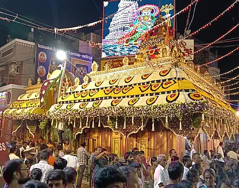 Lal Darwaza Sri Simhavahini Mahankali is decorated with flowers and lightings for Bonalu celebrations