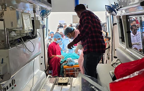 Puri burn victim being taken to Biju Patnaik International airport to be airlifted to Delhi AIIMS, in Bhubaneswar on Sunday. 