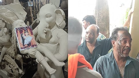 The controversial idol of Lord Ganesh  and faces of the three idol makers blackened at the police station by Bajrang Dal workers .