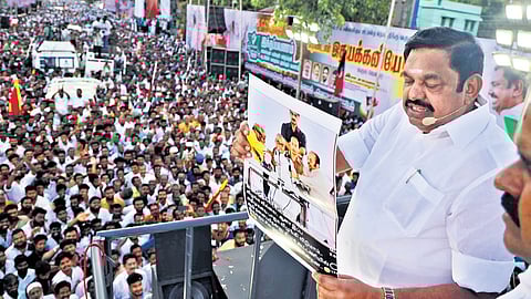 AIADMK general secretary Edappadi K Palaniswami addressing a public gathering 	at Mannargudi as part of his campaign tour on Monday