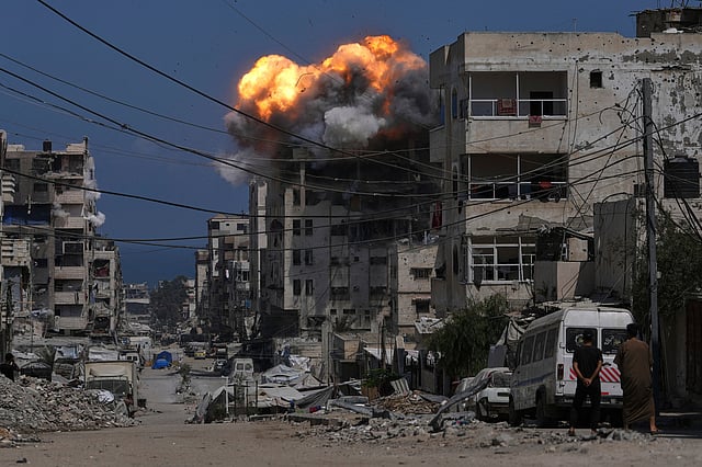 Smoke and flames erupt from an Israeli airstrike in Gaza City on Monday, July 21, 2025.