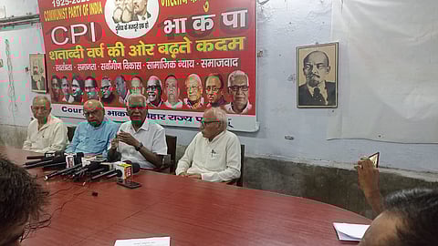 CPI general secretary D Raja addressing a press conference in Patna.