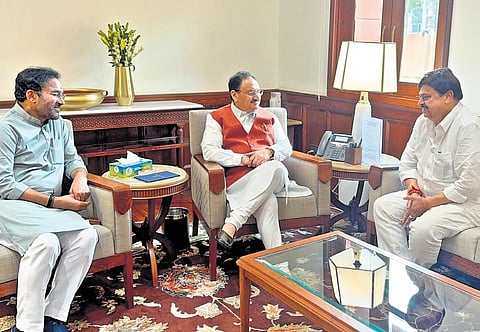 BJP State Chief N Ramchander Rao, along with Union Minister G Kishan Reddy, meet Union Health Minister and BJP president JP Nadda in New Delhi on Tuesday