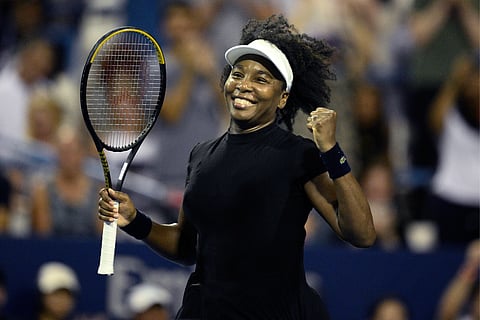 Venus Williams celebrates her win over Peyton Stearns during a match at the Citi Open tennis tournament Tuesday, July 22, 2025, in Washington.
