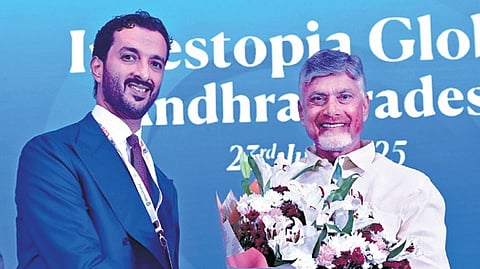 CM Naidu greets UAE Minister of Economy and Tourism Abdulla bin Touq Al Marri during Investopia AP Summit in Vijayawada on Wednesday.