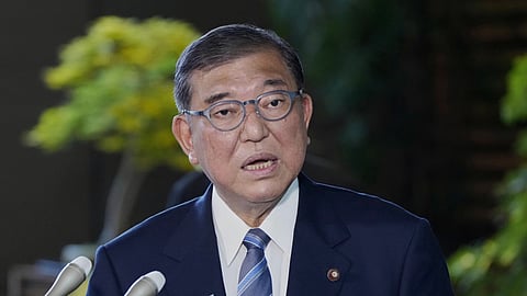 Japanese Prime Minister Shigeru Ishiba speaks to the media after President Donald Trump announced a trade framework with Japan, at the prime minister's office in Tokyo, Japan, Wednesday, July 23, 2025.