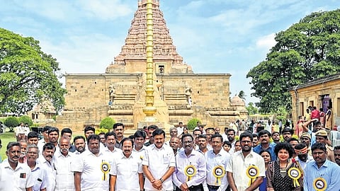 Ministers participate in the anniversary celebrations of Chola emperor Rajendra I at the Brihadeeswarar temple in Gangaikondacholapuram on Wednesday 