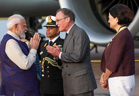 n this image via PMO, Prime Minister Narendra Modi being welcomed upon his arrival in UK, Wednesday, July 23, 2025.