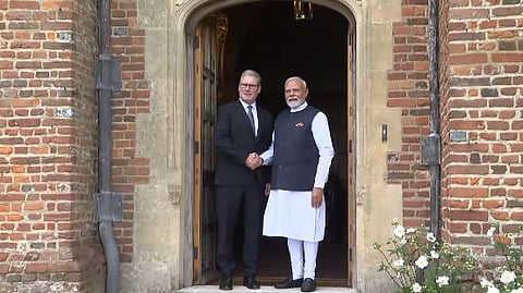 Prime Minister Narendra Modi with UK Prime Minister Keir Starmer at his residence at Chequers, 50 km northwest of London.