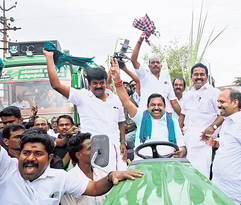 AIADMK general secretary Edappadi Palaniswami with his supporters during his visit to Pudukkottai on Thursday.