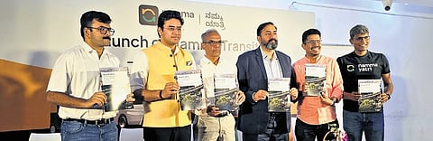 Bengaluru South MP Tejasvi Surya at the launch of  ‘Namma Transit’ on Friday.