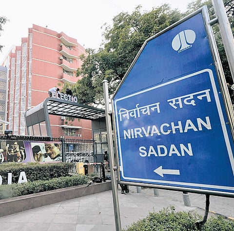 The signboard of Nirvachan Sadan outside the Election Commission of India (ECI) building, in New Delhi