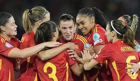 Spain's Patri Guijarro, center, celebrates after scoring her side's second goal during the Women's Euro 2025, group B, soccer match between Italy and Spain at Stadion Wankdorf in Bern, Switzerland, Friday, July 11, 2025.