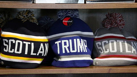 Merchandise on sale at the Trump International golf course in Balmedie, Scotland, Oct. 6, 2017.