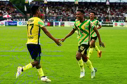 ITBP team celebrates a goal against Karbi Anglong team  