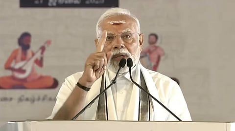 Prime Minister Narendra Modi addresses a gathering at an event at Gangaikonda Cholapuram, to honour the iconic Chola king Rajendra Chola-I, on his birth anniversary. 