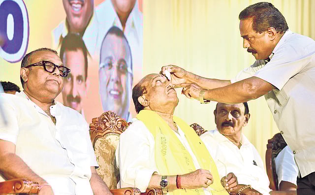 Eye drops being administered to SNDP Yogam general secretary Vellappally Natesan during a meeting of organisation leaders in Kochi on Sunday 