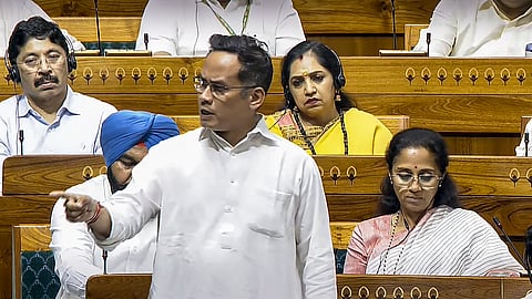 Congress MP Gaurav Gogoi speaks during a debate in the Lok Sabha on the Pahalgam terror attack and Operation Sindoor, at the Monsoon session of Parliament, in New Delhi, Monday, July 28, 2025.