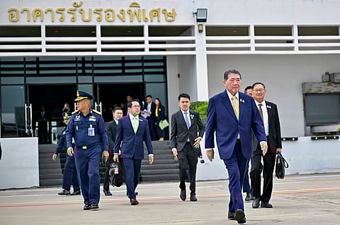 Thailand's acting Prime Minister Phumtham Wechayachai, front, departs from Military Airport in Bangkok, to Malaysia, to attend a meeting to discuss regional peace at the Prime Minister's Office of Malaysia, with Cambodian Prime Minister Hun Manet, Monday, July 28, 2025. 