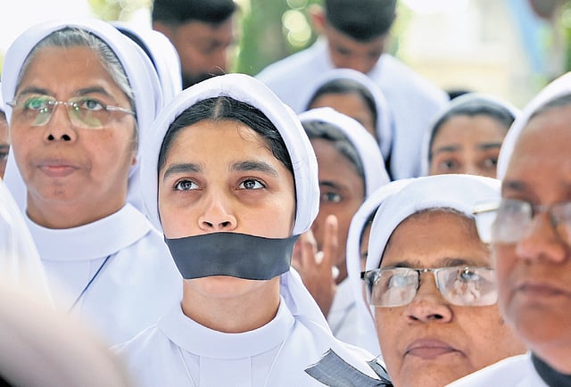 Nuns take part in a silent protest march, organised by the Thiruvananthapuram Catholic Forum to Raj Bhavan on Wednesday, condemning the arrest 
of the nuns 