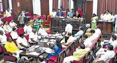 Mayor R Priya chairing the corporation council meeting at Ripon Building on Wednesday 