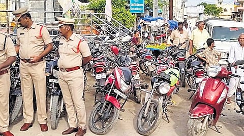 During the operations, 25 two-wheelers without valid documents and 2 knives were seized in Chikati Colony. In Kunkalagunta, 36 undocumented two-wheelers, 10 knives, 2 axes, and one sickle were confiscated.