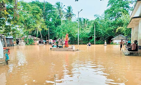 Women collect water from a submerged tube-well in a village under Baliapal block.