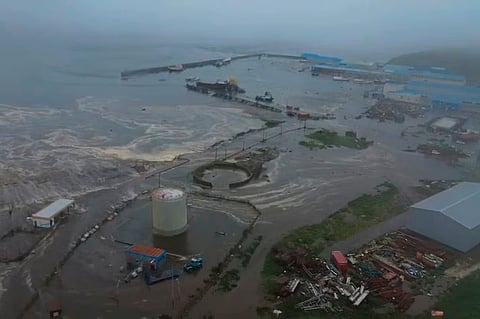 This image, taken from a video released by the Geophysical Service of the Russian Academy of Sciences, shows the aftermath of a tsunami hitting the coastal area of Severo-Kurilsk at Paramushir Island of the Kuril Islands, Russia, Wednesday, July 30, 2025.