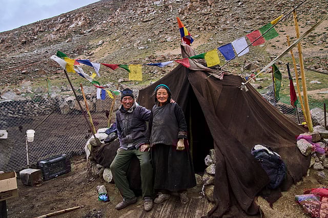 Kunzias Dolma, right, and her husband Tsering Angchok pose for a picture outside their rebo, a traditional nomadic tent made of yak wool, used by the Changpa tribe to withstand the region's harsh climate in Tsoltak village, Ladakh, India, Tuesday, July 8, 2025.