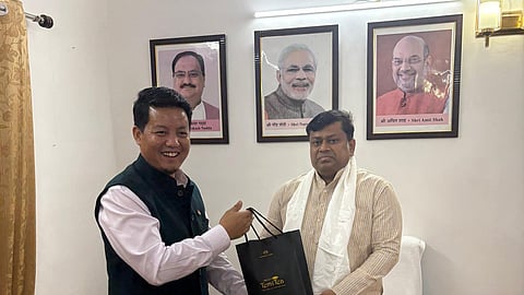 Sikkim Lok Sabha MP Indra Hang Subba (L) meets with MoS Education Sukanta Majumdar in Delhi.