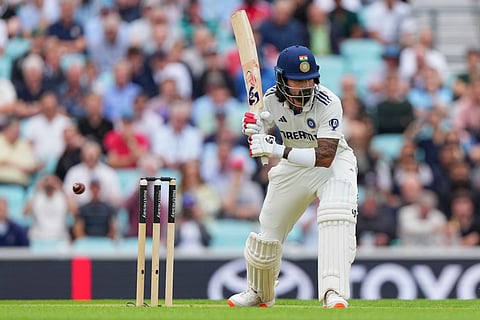 KL Rahul plays a shot during the first day of the fifth cricket test match between England and India at The Kia Oval in London, Thursday, July 31, 2025. 