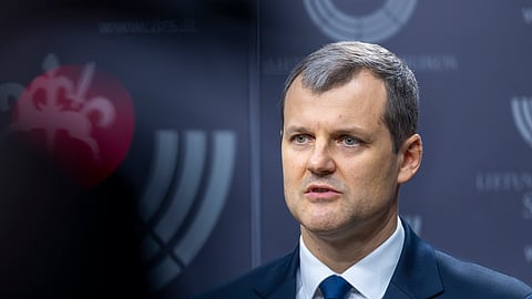 FILE -Newly elected Lithuania's Prime Minister Gintautas Paluckas, speaks to the media at the Parliament in Vilnius, Lithuania, Nov. 21, 2024.